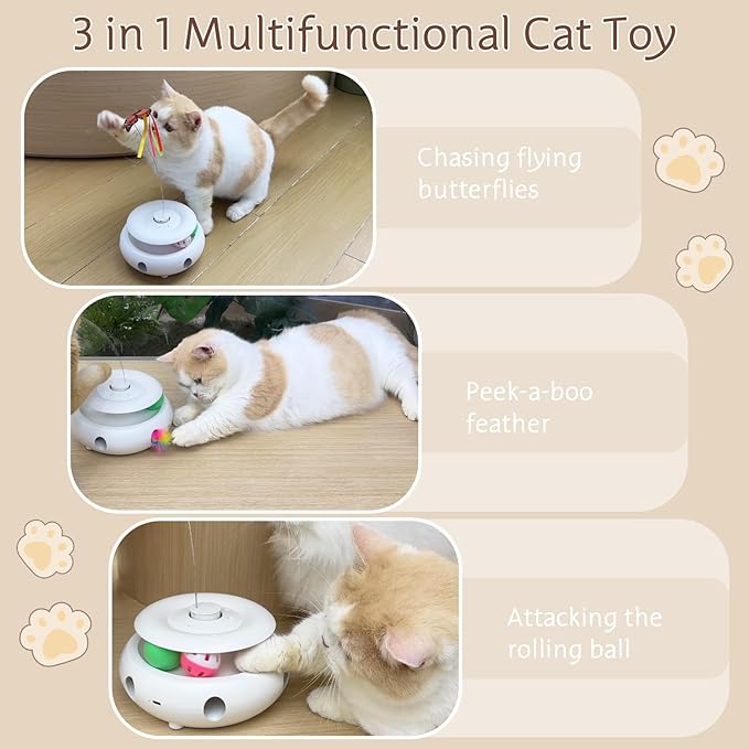 kıttyclaws Cat Toys 3in1 Automatic Interactive Kitten Toy, Fluttering Butterfly, Moving Ambush Feather